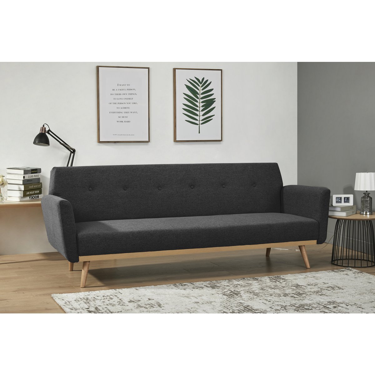 Slaapbank - Scandinavisch - 212x85x79cm - Zwart/Natuel