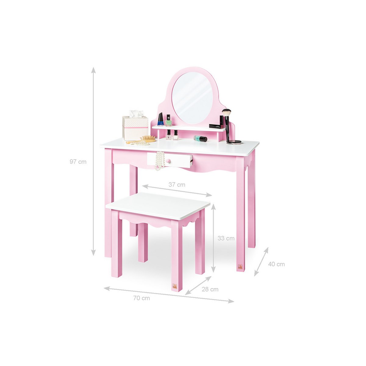 Children's Dressing Table Including Stool 'Jasmin' - Pink/White