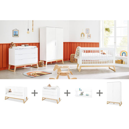 Children's room 'Bridge' - 4 parts: Bedstead/Wide chest of drawers/2-door wardrobe/Wall shelf - White/Natural