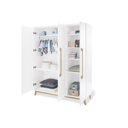 Children's room 'Riva' - 4 parts: Bedstead/Wide chest of drawers/3-door wardrobe/Wall shelf - White/Natural