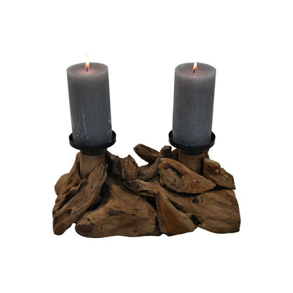 Candlestick for 2 Candles - 32x18x14cm - Driftwood - Natural/Black