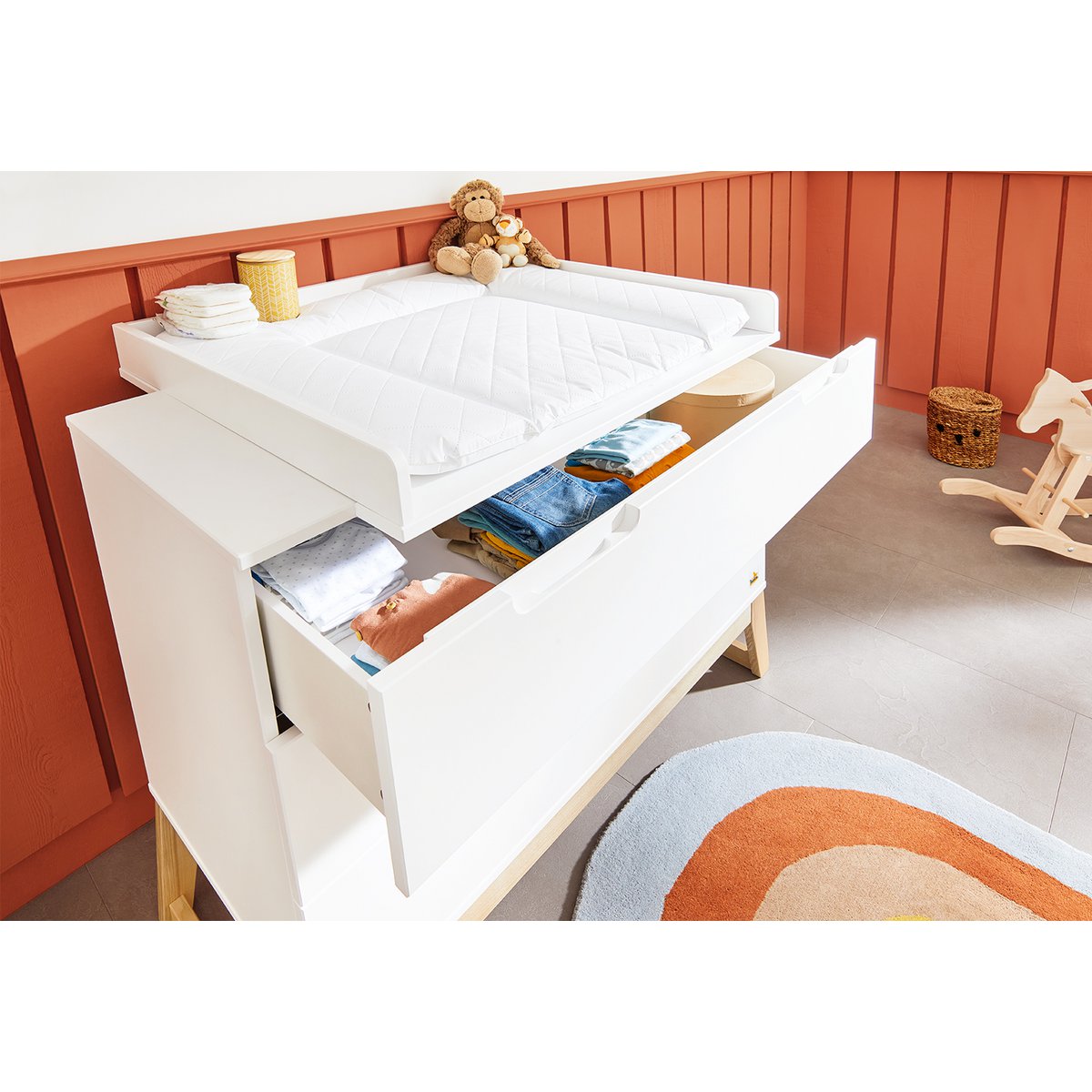 Children's room 'Bridge' - 3 parts: Bedstead/Wide chest of drawers/3-door wardrobe - White/Natural