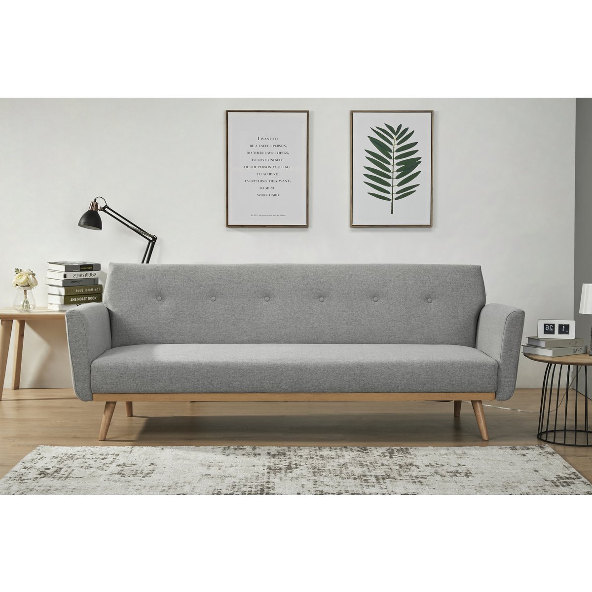 Sofa bed - Scandinavian - 212x85x79cm - Light gray/Natural