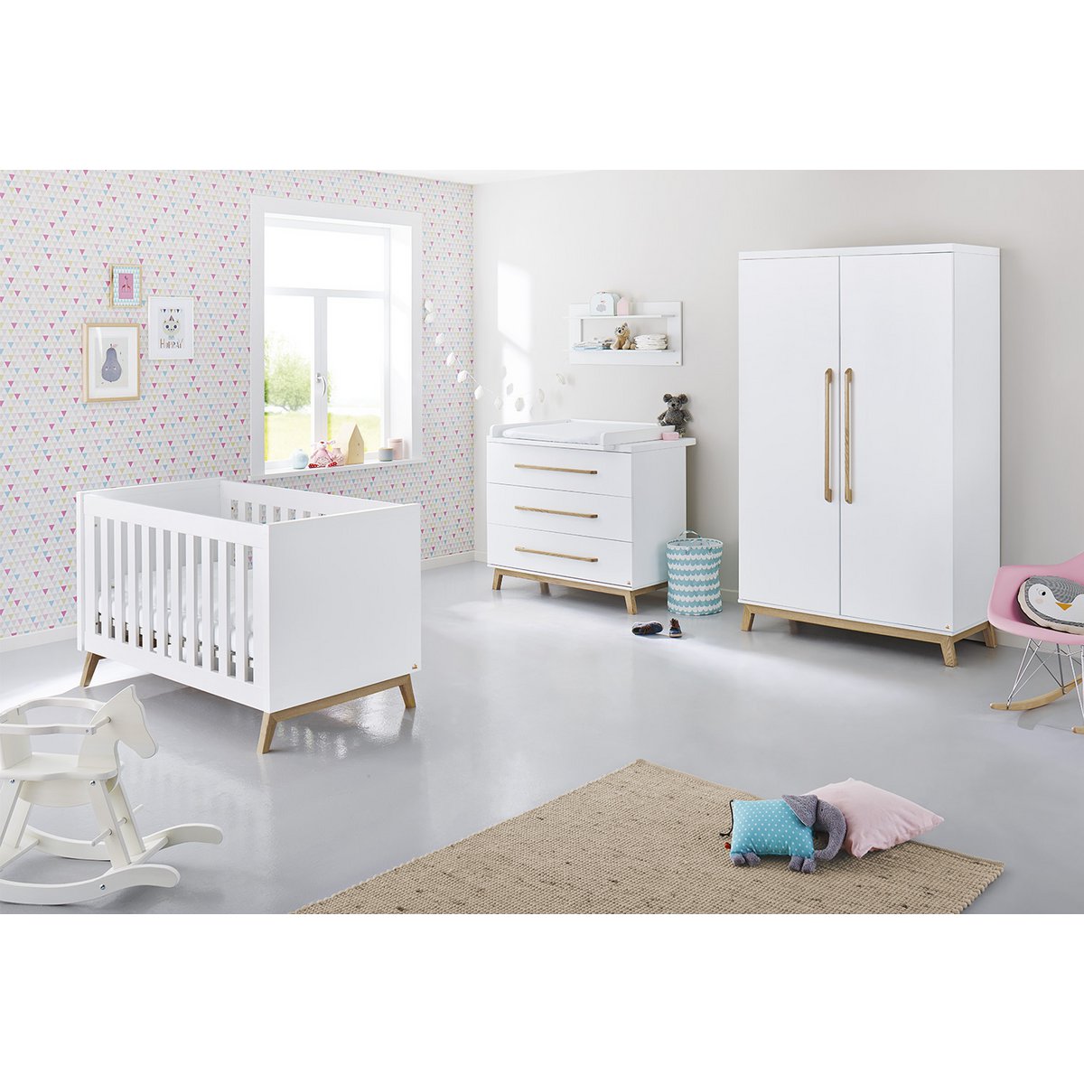 Children's room 'Riva' - 3 parts: Bedstead/Wide chest of drawers/2-door wardrobe - White/Natural