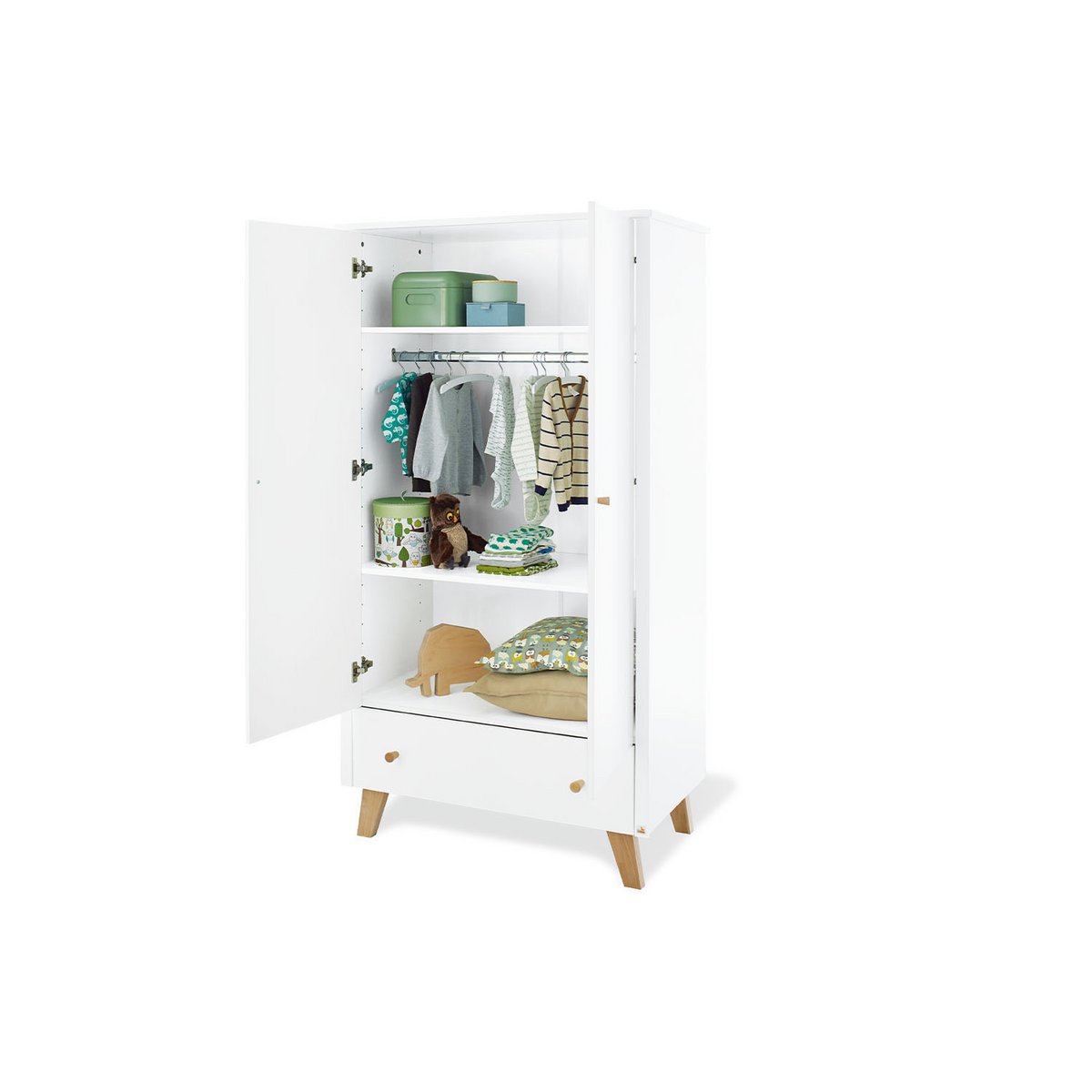 Children's room 'Pan' - 4 parts: Bedstead/Extra Wide Chest of Drawers/2-door Wardrobe/Wall Shelf - White/Natural