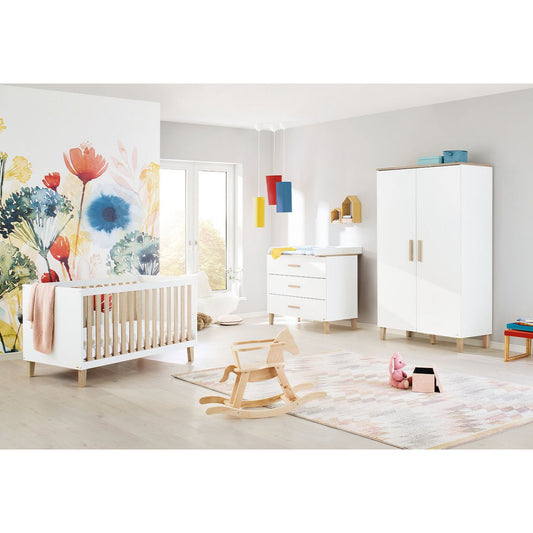 Children's room 'Lumi' - 3 parts: Bedstead/Wide chest of drawers/2-door wardrobe - White/Natural