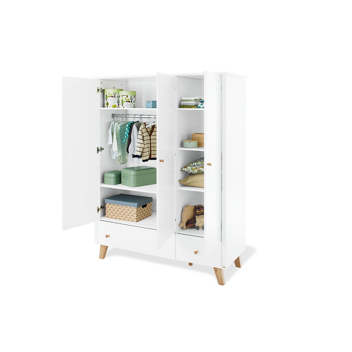 Children's room 'Pan' - 3 parts: Bedstead/Wide chest of drawers/3-door wardrobe - White/Natural