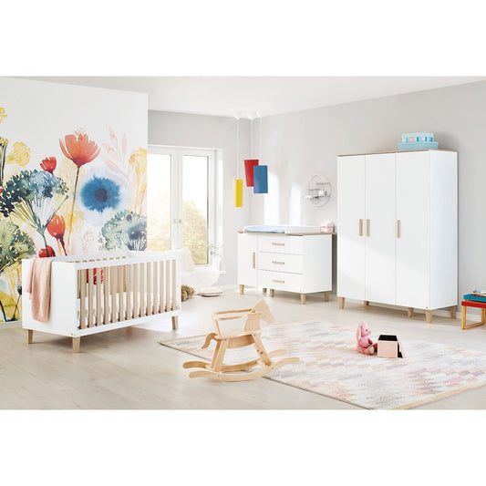 Children's room 'Lumi' - 3 parts: Bedstead/Extra Wide Chest of Drawers/3-door Wardrobe - White/Natural