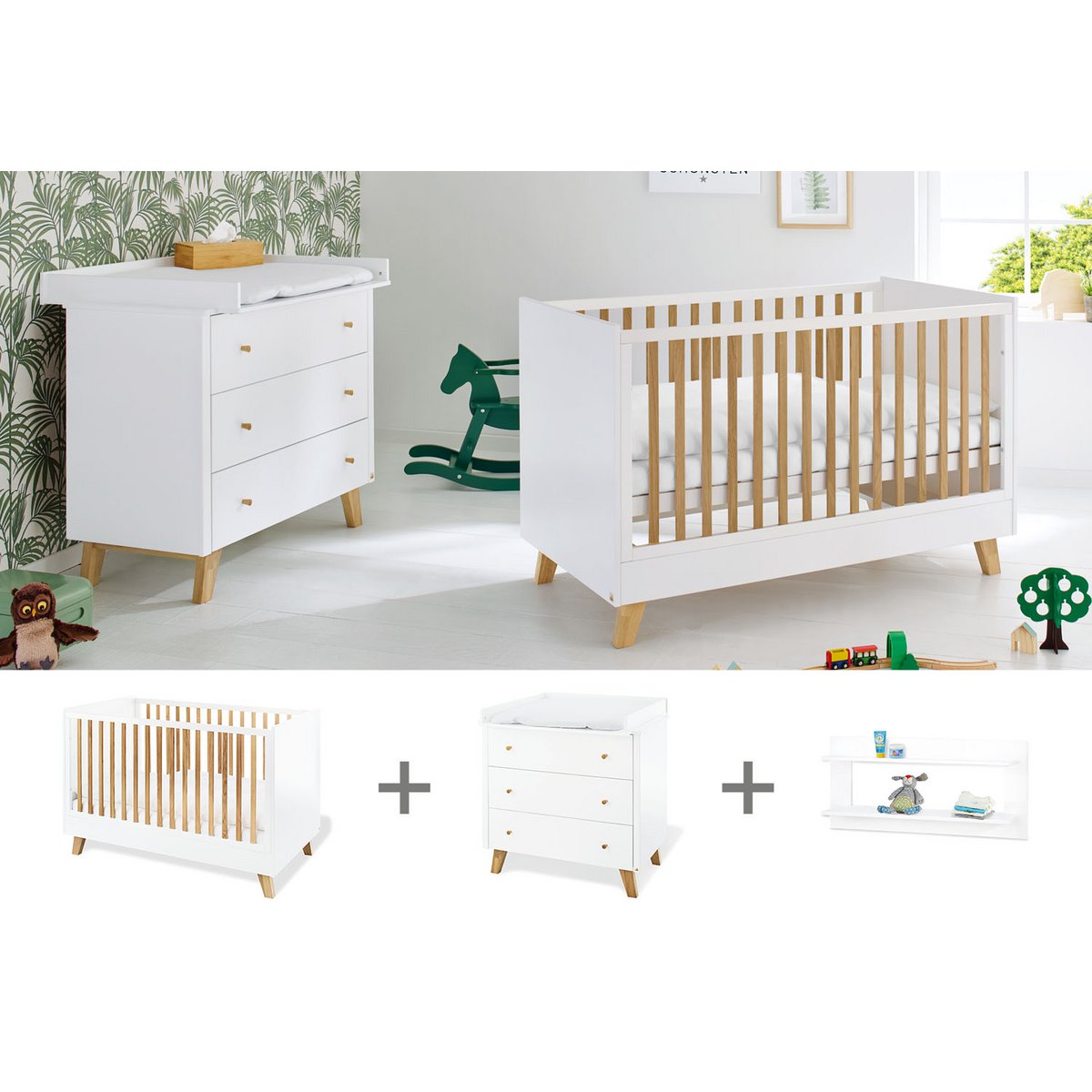 Children's room 'Pan' - 3 parts: Bedstead/Wide chest of drawers/Wall shelf - White/Natural