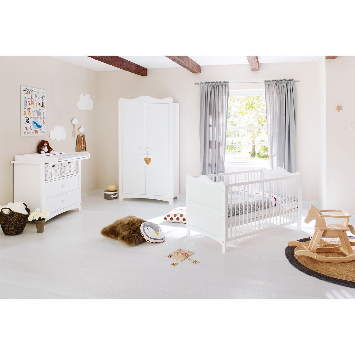 Children's room 'Florentina' - 3 parts: Bedstead/Wide chest of drawers/2-door wardrobe - White