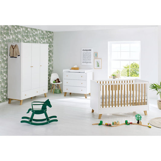 Children's room 'Pan' - 3 parts: Bedstead/Wide chest of drawers/3-door wardrobe - White/Natural