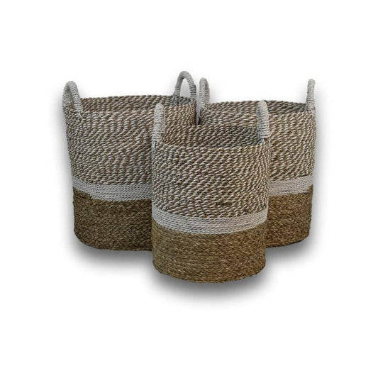 Basket set 'Malibu' - 3-piece - Ø42x45cm/Ø38x42cm/Ø34x39cm - Water Hyacinth - Natural/White