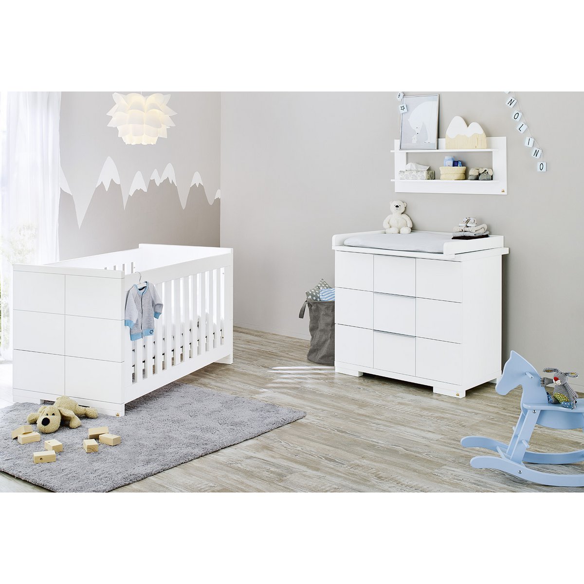 Children's room 'Polar' - 3 parts: Bedstead/Wide Chest of Drawers/Wall Shelf - White