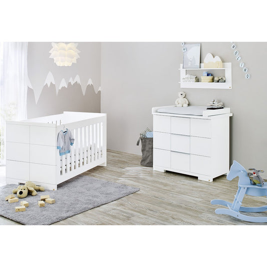 Children's room 'Polar' - 3 parts: Bedstead/Wide Chest of Drawers/Wall Shelf - White