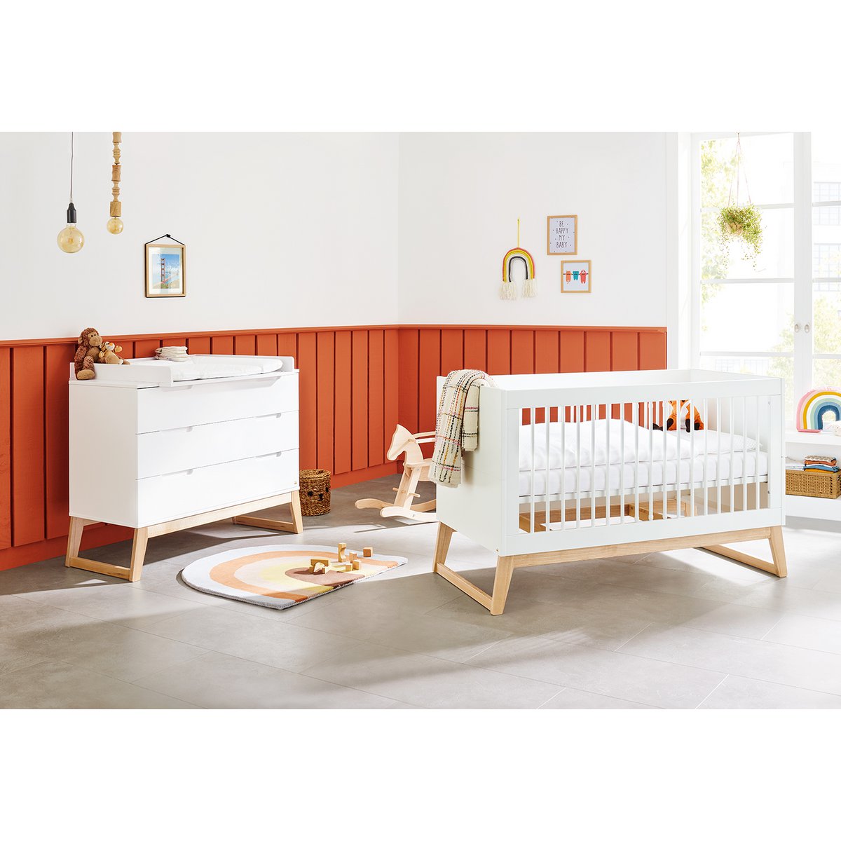 Children's room 'Bridge' - 2 parts: Bedstead/Wide Chest of Drawers - White/Natural