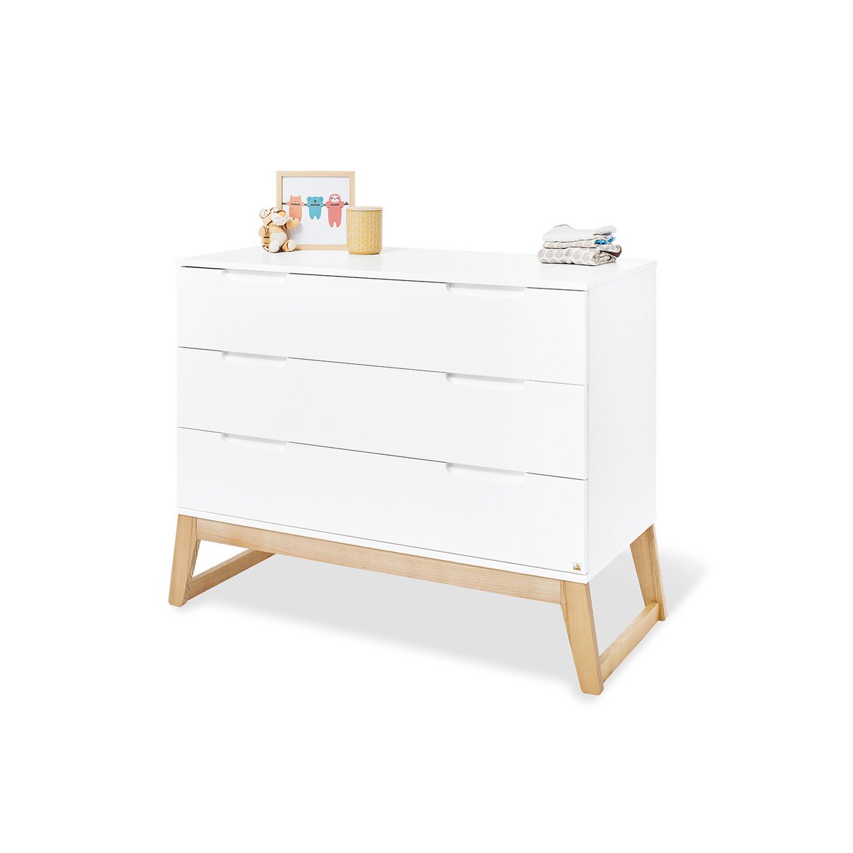 Children's room 'Bridge' wide - 3 parts: Bedstead/Wide Chest of Drawers/Wall Shelf - White/Natural