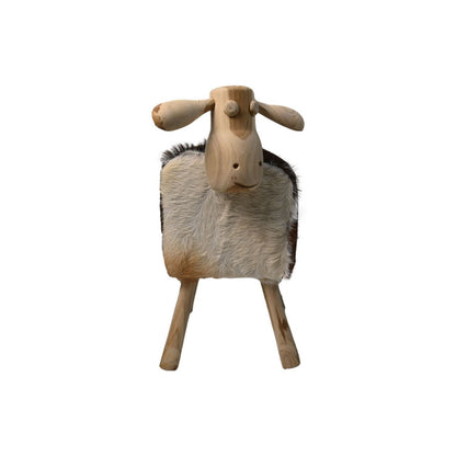 Schaap 'Shawn' - 58x34x62 - Teak/Geitenleer - Wit/Bruin/Naturel