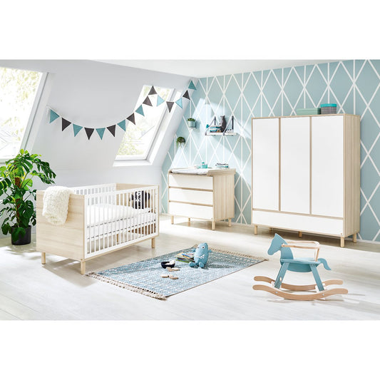 Children's room 'Flow' - 3 parts: Bedstead/Wide chest of drawers/3-door wardrobe - White/Natural