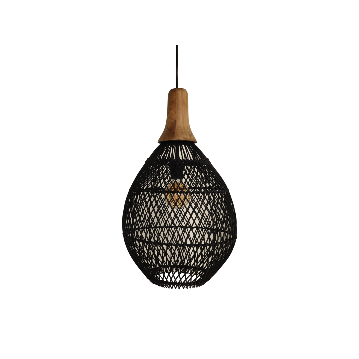 Hanglamp - Rotan/Teakhout - 34x34x58cm - Zwart/Natural