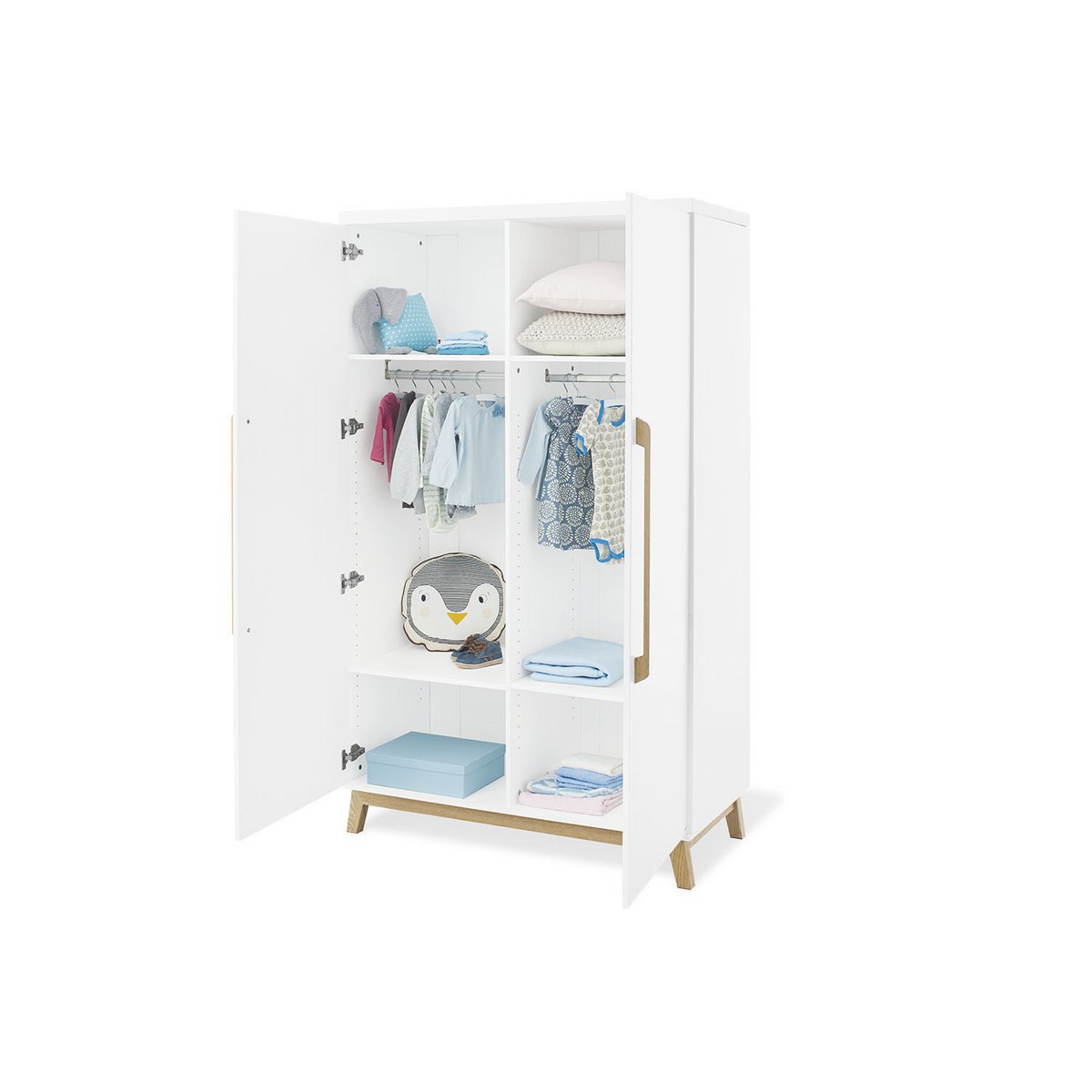 Children's room 'Riva' - 4 parts: Bedstead/Wide chest of drawers/2-door wardrobe/Wall shelf - White/Natural