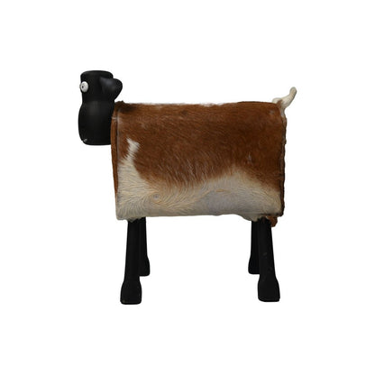 Schaap 'Shawn' - 58x34x62cm - Teak/Geitenleer - Wit/Bruin/Zwart