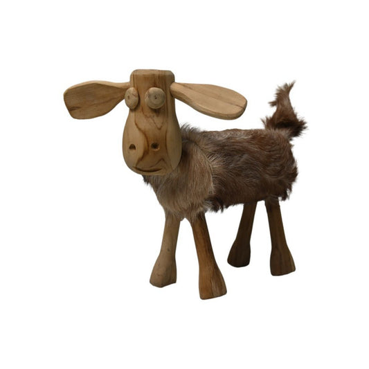 Schaap 'Shawn' - 32x14x32cm - Teak/geitenleer - Wit/Bruin/Zwart