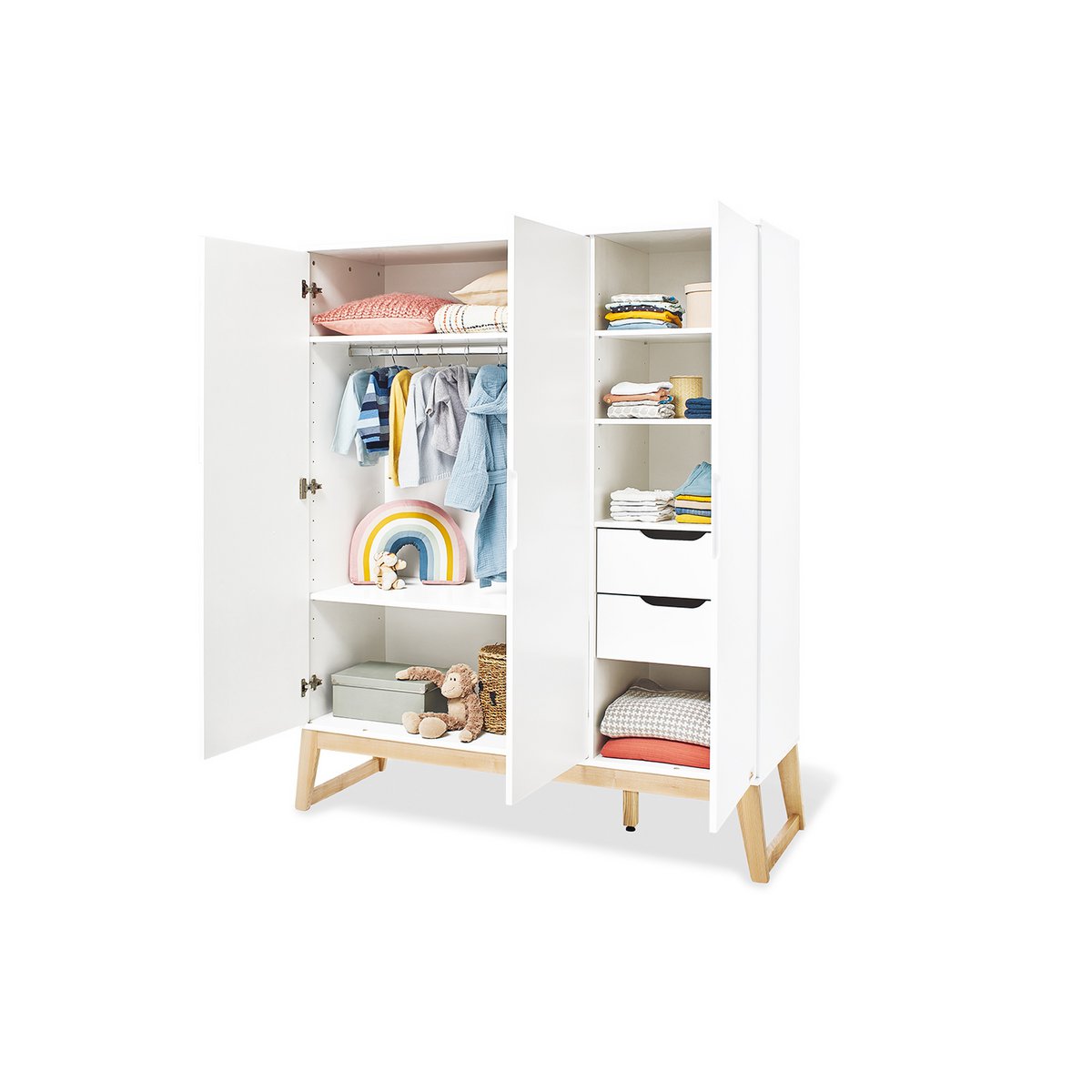 Children's room 'Bridge' - 4 parts: Bedstead/Wide chest of drawers/Large wardrobe/Wall shelf - White/Natural