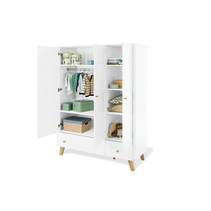 Children's room 'Pan' - 4 parts: Bedstead/Extra Wide Chest of Drawers/3-door Wardrobe/Wall Shelf - White/Natural