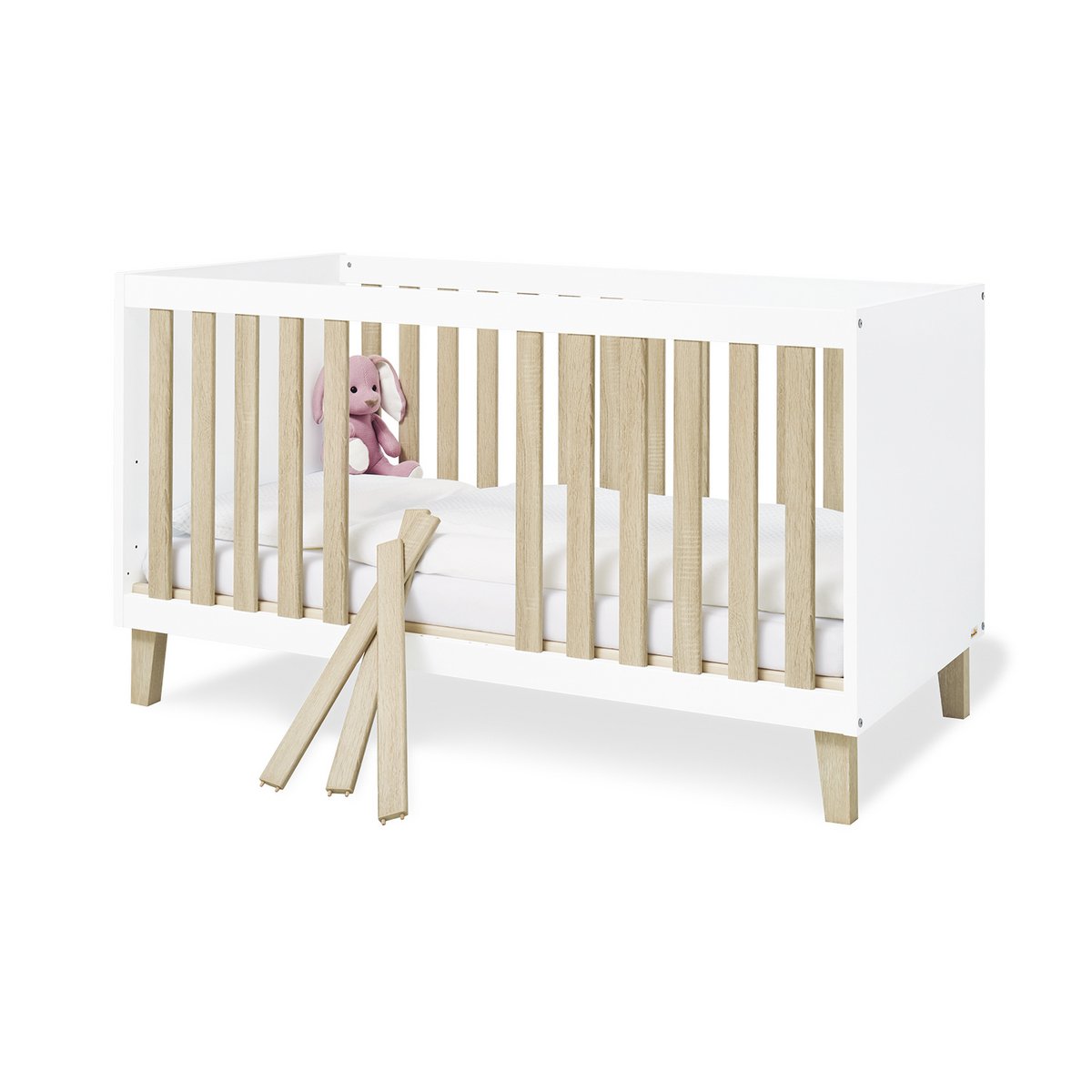 Children's room 'Lumi' - 3 parts: Bedstead/Wide chest of drawers/3-door wardrobe - White/Natural