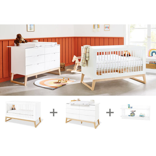 Children's room 'Bridge' - 3 parts: Bedstead/Extra Wide Chest of Drawers/Wall Shelf - White/Natural