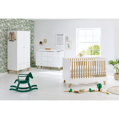 Children's room 'Pan' - 3 parts: Bedstead/Extra Wide Chest of Drawers/2-door Wardrobe - White/Natural