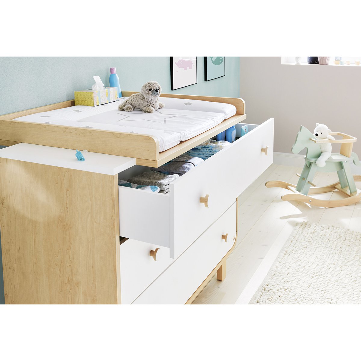 Children's room 'Round' - 2 parts: Bed/Wide Chest of Drawers - White/Natural