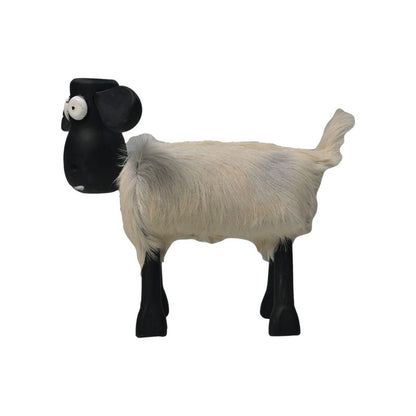 Schaap 'Shawn' - 32x14x32cm - Teak/Geitenleer - Wit/Zwart