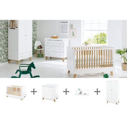 Children's room 'Pan' - 4 parts: Bedstead/Wide chest of drawers/2-door wardrobe/Wall shelf - White/Natural