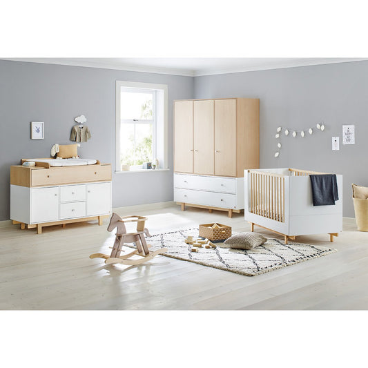 Children's room 'Boks' - 3 parts: Bedstead/Extra Wide Chest of Drawers/3-door Wardrobe - White/Natural