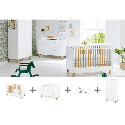 Children's room 'Pan' - 4 parts: Bedstead/Extra Wide Chest of Drawers/2-door Wardrobe/Wall Shelf - White/Natural