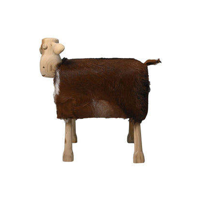 Schaap 'Shawn' - 58x34x62 - Teak/Geitenleer - Wit/Bruin/Naturel