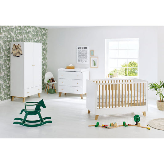 Children's room 'Pan' - 3 parts: Bedstead/Wide chest of drawers/2-door wardrobe - White/Natural