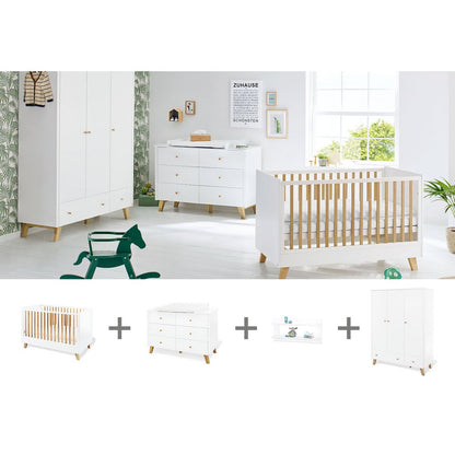 Children's room 'Pan' - 4 parts: Bedstead/Extra Wide Chest of Drawers/3-door Wardrobe/Wall Shelf - White/Natural