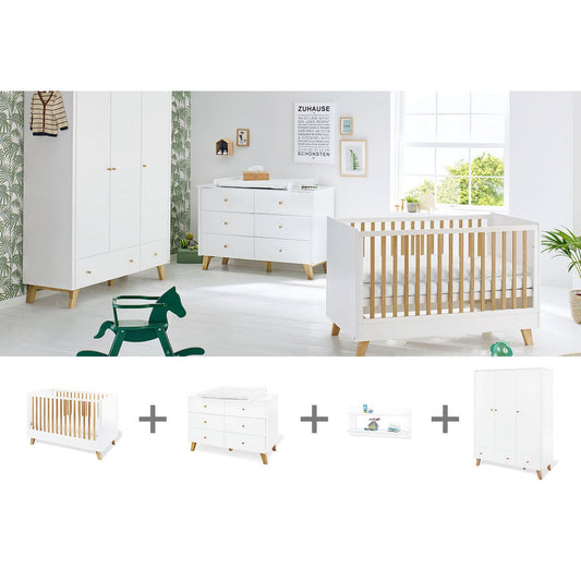 Children's room 'Pan' - 4 parts: Bedstead/Extra Wide Chest of Drawers/3-door Wardrobe/Wall Shelf - White/Natural