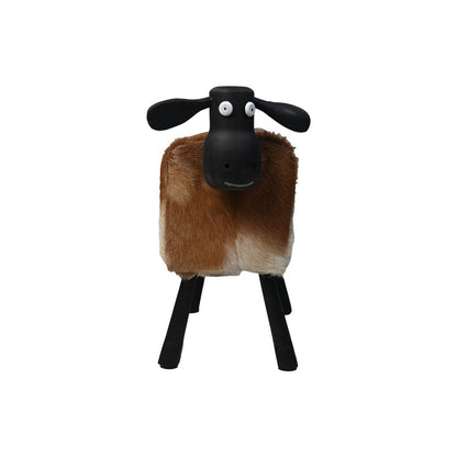 Schaap 'Shawn' - 58x34x62cm - Teak/Geitenleer - Wit/Bruin/Zwart