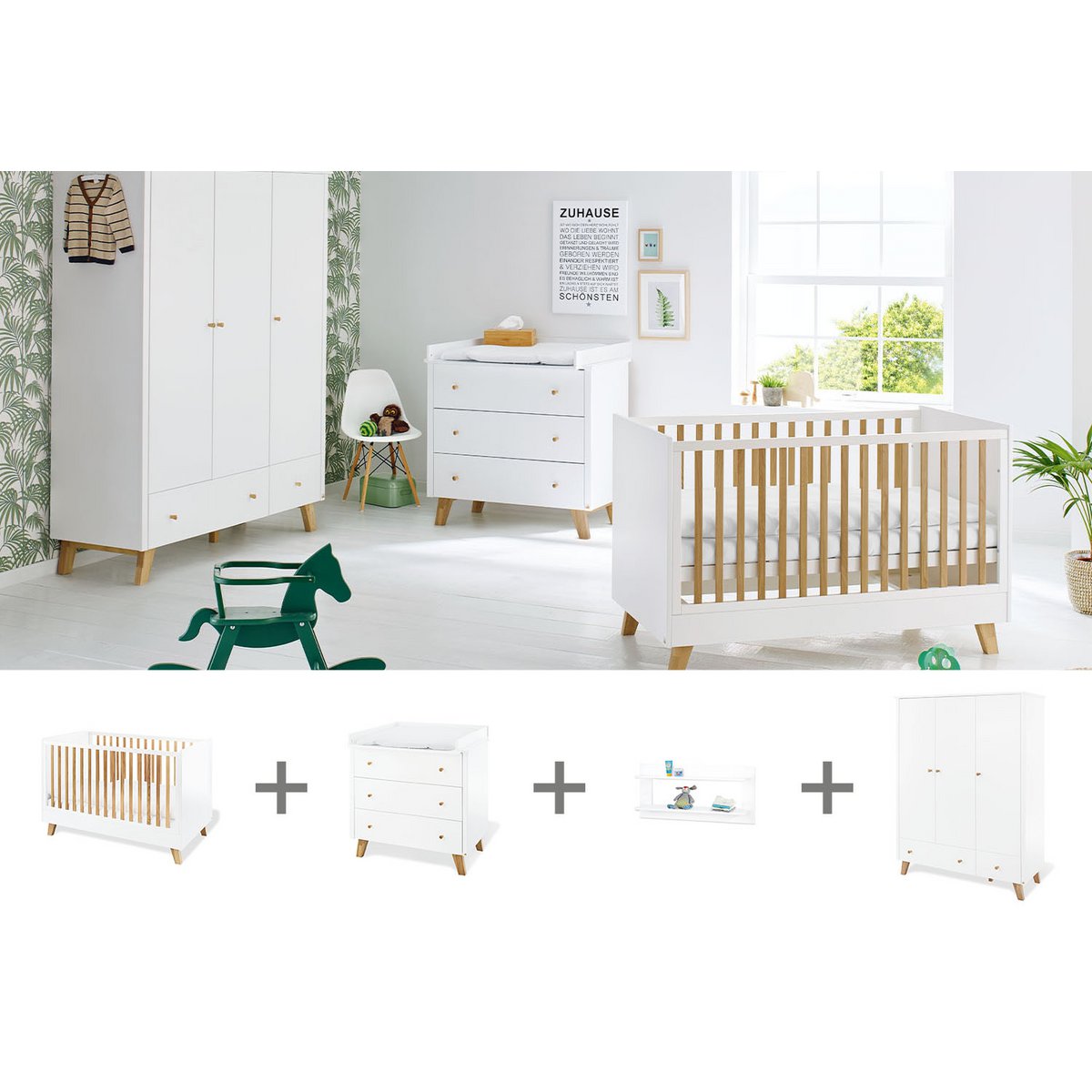 Children's room 'Pan' - 4 parts: Bedstead/Wide chest of drawers/3-door wardrobe/Wall shelf - White/Natural