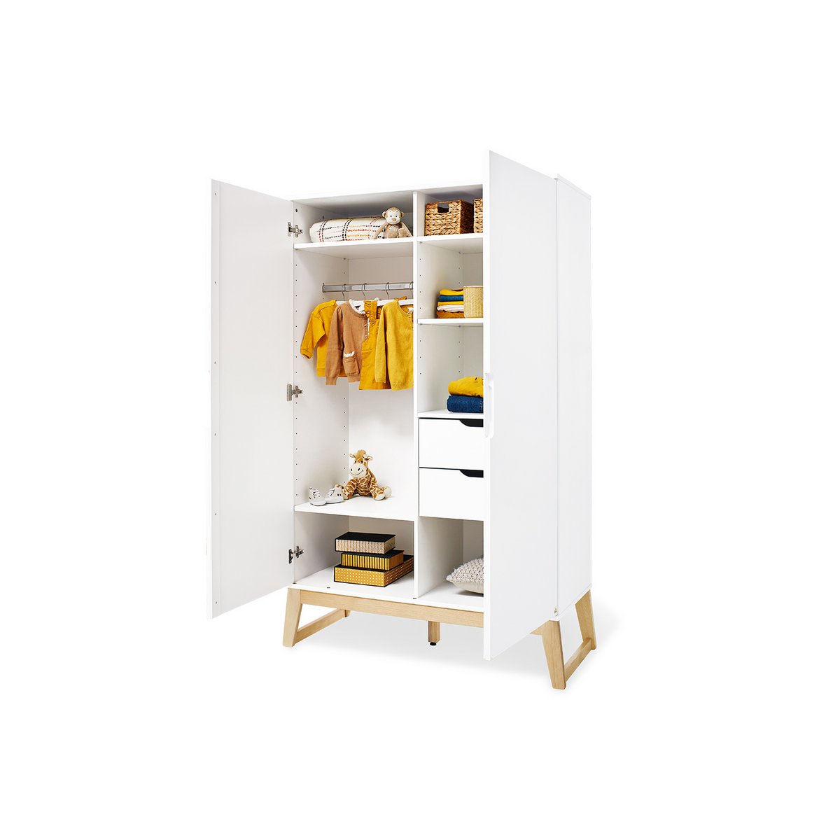 Children's room 'Bridge' - 4 parts: Bedstead/Wide chest of drawers/2-door wardrobe/Wall shelf - White/Natural