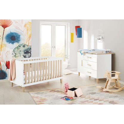 Children's room 'Lumi' - 2 parts: Bed/Extra Wide Chest of Drawers - White/Natural