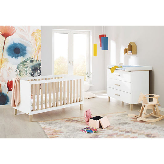 Children's room 'Lumi' - 2 parts: Bed/Wide Chest of Drawers - White/Natural