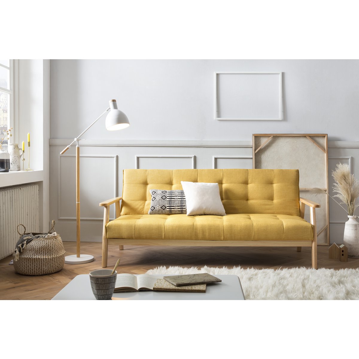 Sofa bed - Scandinavian - 190x85x81cm - Mustard yellow/Natural