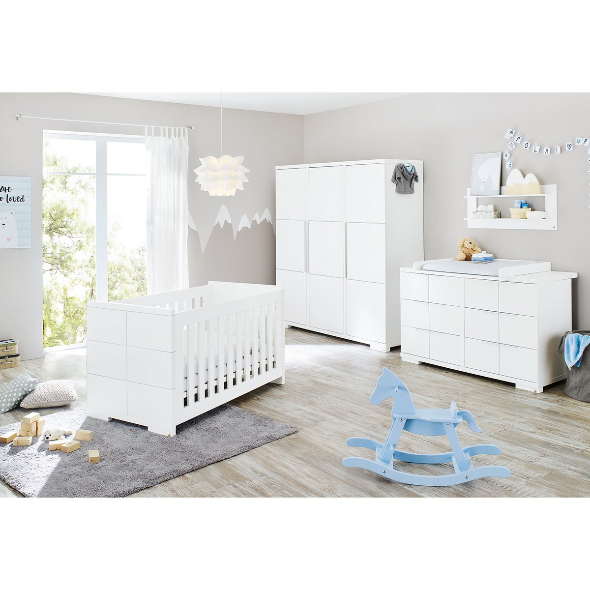 Children's room 'Polar' - 4 parts: Bedstead/Extra Wide Chest of Drawers/3-door Wardrobe/Wall Shelf - White