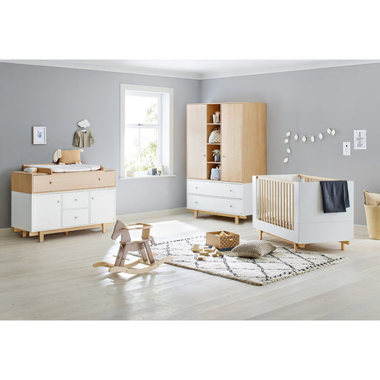 Children's room 'Boks' - 3 parts: Bedstead/Extra Wide Chest of Drawers/2-door Wardrobe - White/Natural