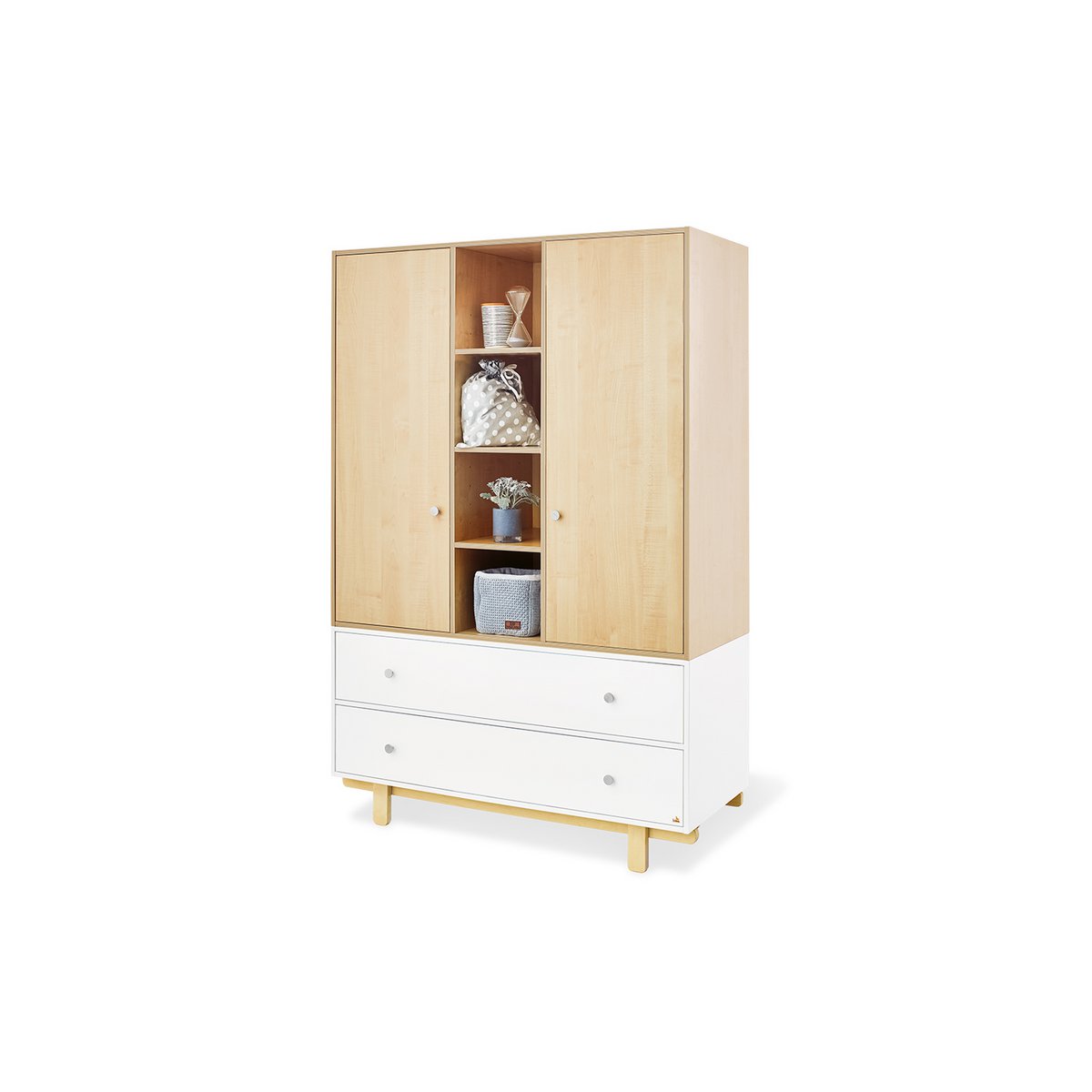 Children's room 'Boks' - 3 parts: Bedstead/Wide Chest of Drawers/2-door Wardrobe - White Natural