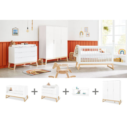 Children's room 'Bridge' - 4 parts: Bedstead/Wide chest of drawers/Large wardrobe/Wall shelf - White/Natural